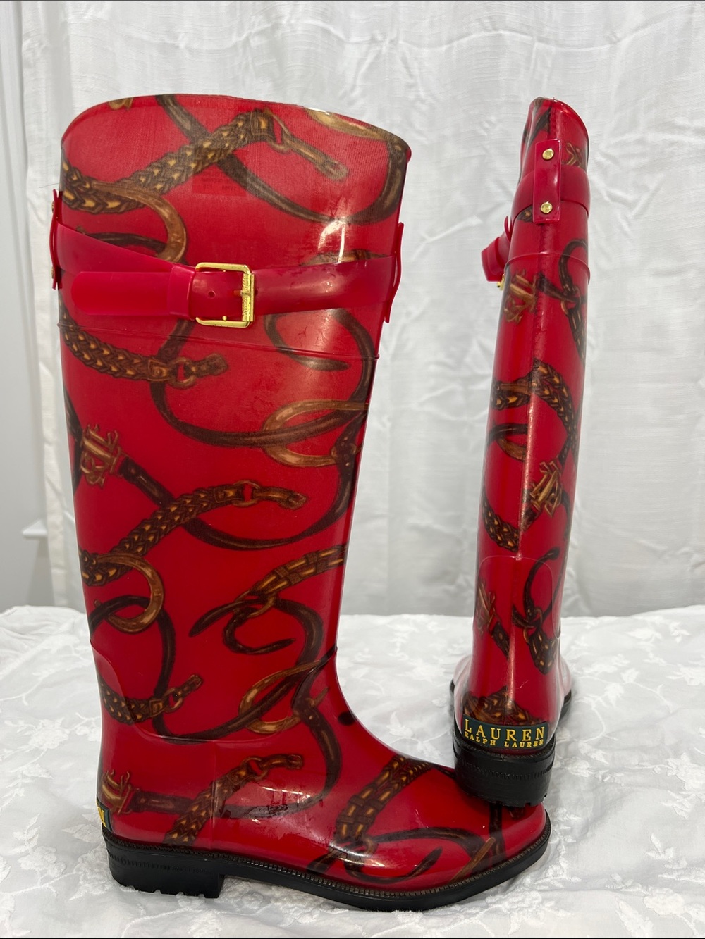 Lauren Ralph Lauren Red Chain-Print Tall Rain Boots